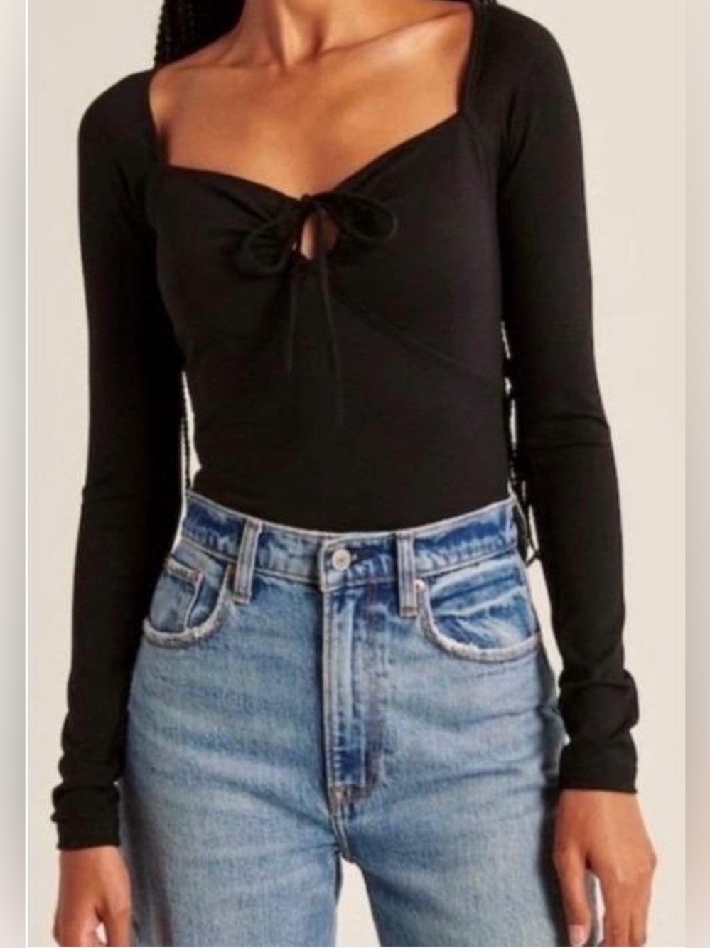 Abercrombie & Fitch Black Long-Sleeve Keyhole Tie Front Bodysuit